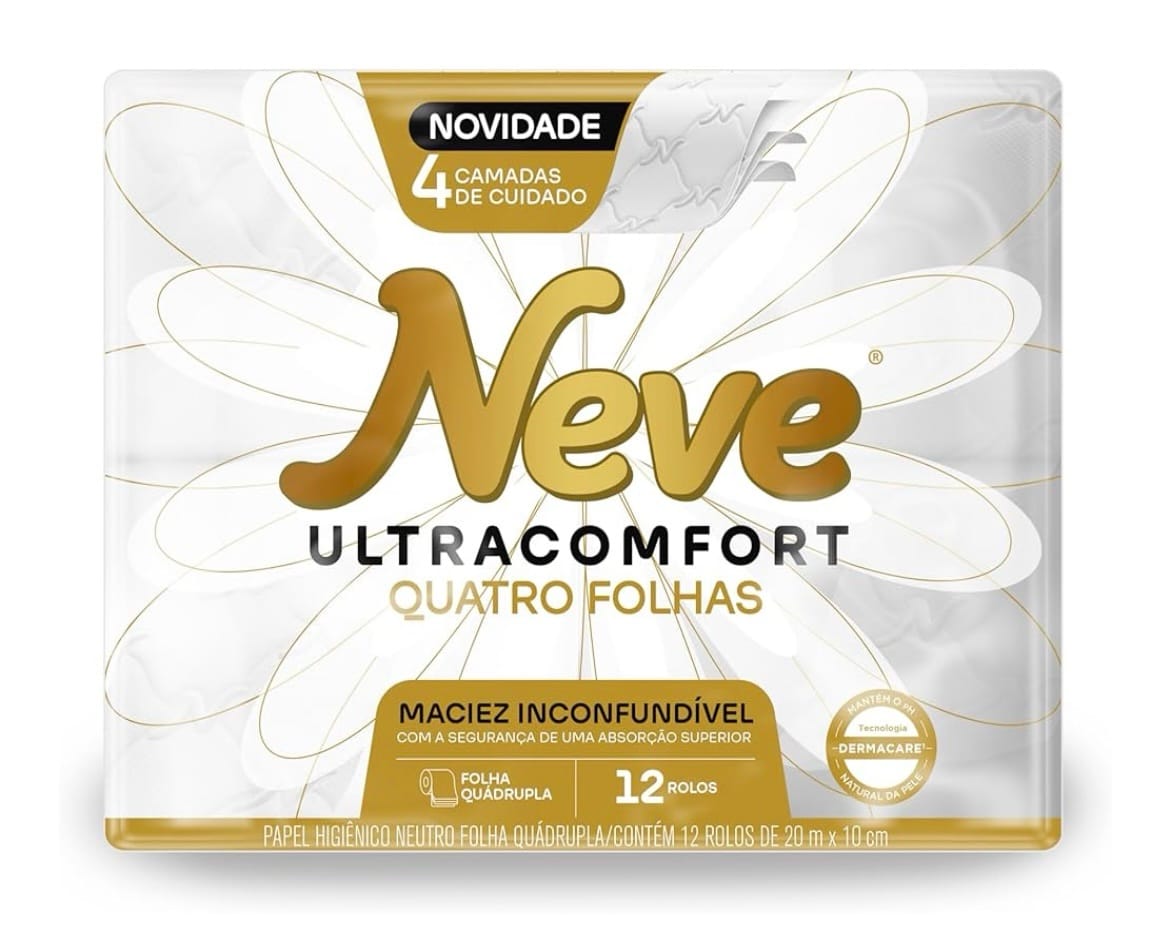 Neve Papel Higiênico Ultracomfort, Folha Quádrupla, 20m, 12 rolos