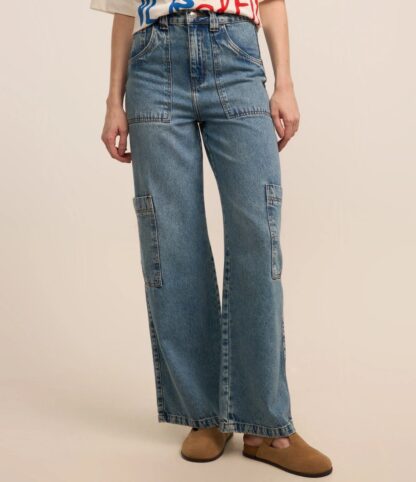 Calça Cargo Jeans Dirty com Bolso Carpinteiro Azul