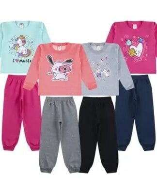 Lote 4 Conjuntos Moletom Roupa Para o Frio Infantil Feminino de Inverno Careca sem Capuz.