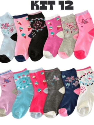 Kit com 12 pares de Meias infantil Cores e Estampas variadas para Menino/ Menina