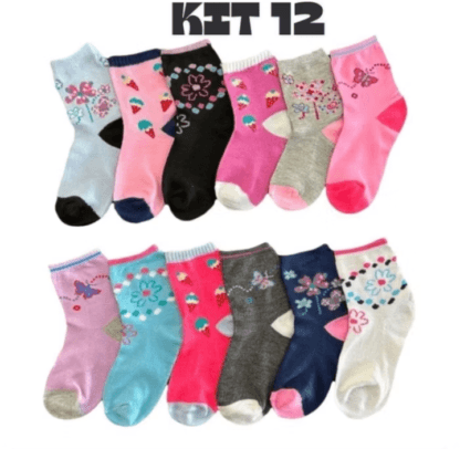 Kit com 12 pares de Meias infantil Cores e Estampas variadas para Menino/ Menina