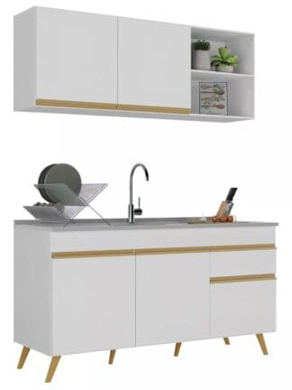 Armário de Cozinha Compacta 150cm Veneza Multimóveis V2142 Branco/Dourado