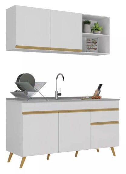 Armário de Cozinha Compacta 150cm Veneza Multimóveis V2142 Branco/Dourado