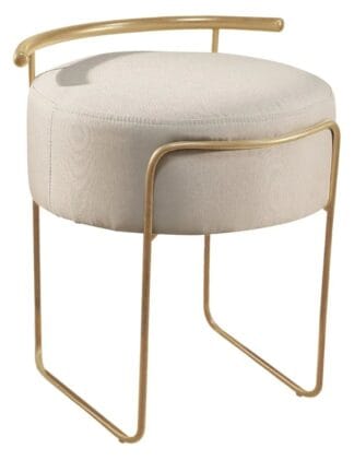 Puff Redondo Ivar em Linho e Base Metal Dourado Agarb Decor Cor:Linho Bege Claro