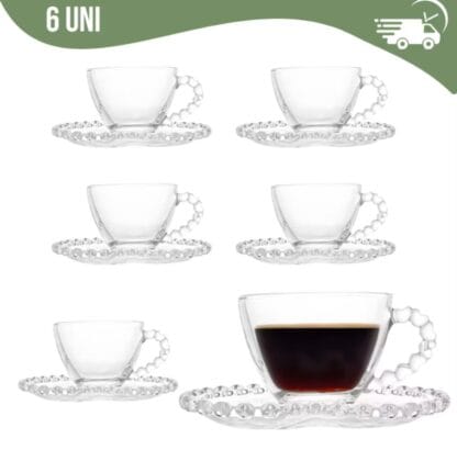 Jogo De Xícaras E Pires Em Vidro Transparente 12 Peças 100ml Ideal para Café, Chá e Bebidas Frias