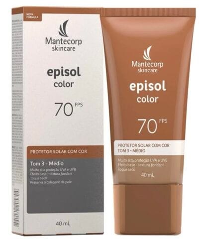 MANTECORP - Protetor Solar Facial Episol Color FPS 70 - Efeito Base, Alta Proteção UVA e UVB, Toque Seco, Rápida Absorção - Tom 3 Médio - 40ml