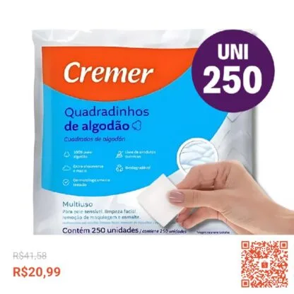 Algodão Prensado Quadradinho Cremer Sem Perfume 250 Unidades