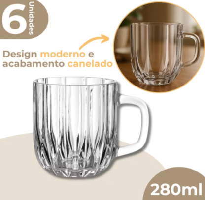 Jogo 6 Canecas Em Vidro Refinatto Café Chá 280ml Canelado