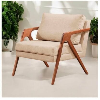 Poltrona Mona Decorativa Linho Design Premium em Madeira Maciça - Zinn Móveis (Bege)
