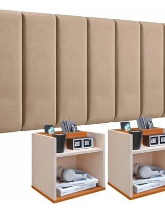 Conjunto Cabeceira Casal Modulada 140cm com Kit de Mesa de Cabeceira Suspensa com Porta Celular (Bege - Off White/Cinamomo)