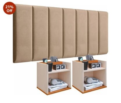 Conjunto Cabeceira Casal Modulada 140cm com Kit de Mesa de Cabeceira Suspensa com Porta Celular (Bege - Off White/Cinamomo)
