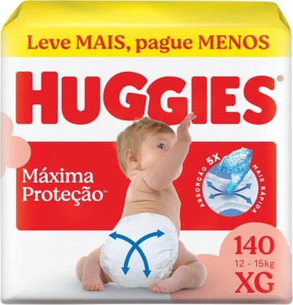 Fralda Descartável Huggies Máxima Proteção Tamanho XG 140 unidades – Nova fralda Supreme Care aberta com tecnologia Xtra-Flex, canais em X que se adaptam..