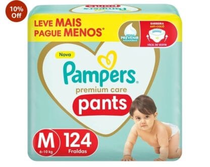 Pampers Premium Care Pants Fralda Tamanho M 124 Unidades, Fácil de Vestir