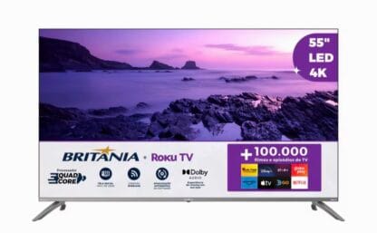 Smart TV DLED 55" Ultra HD Britânia 4K BTV55G7PR2CGB Roku TV com HDMI, USB, Wi-Fi, Dolby Audio e Processador Quad-Core