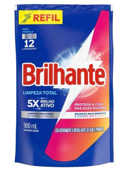 Lava Roupas Líquido Brilhante Limpeza Total 900 ml Refil