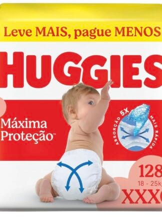 Fralda Descartável Huggies Máxima Proteção Tamanho XXXG 128 unidades – Fralda com tecnologia Xtra-Flex, canais em X que se adaptam aos movimentos e máxima proteção