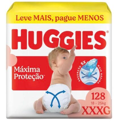 Fralda Descartável Huggies Máxima Proteção Tamanho XXXG 128 unidades – Fralda com tecnologia Xtra-Flex, canais em X que se adaptam aos movimentos e máxima proteção
