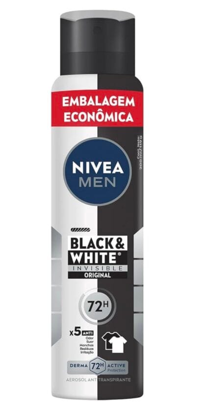 NIVEA MEN Desodorante Masculino Antitranspirante Aerossol Black & White Invisible Original 200ml - Protege por 72h e evita manchas nas roupas