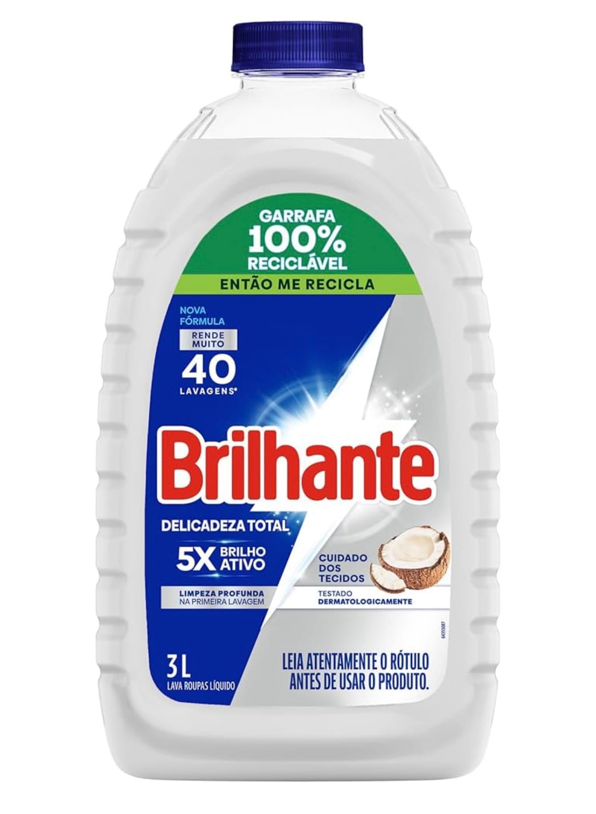 Brilhante Delicadeza Total Lava-Roupas Líquido Roupas Brancas E Coloridas Com Óleo De Coco Natural Galão 3L