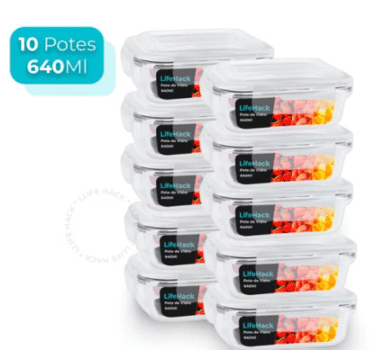 Conjunto 10 Potes Vidro Hermético Mantimentos Marmita 640ml