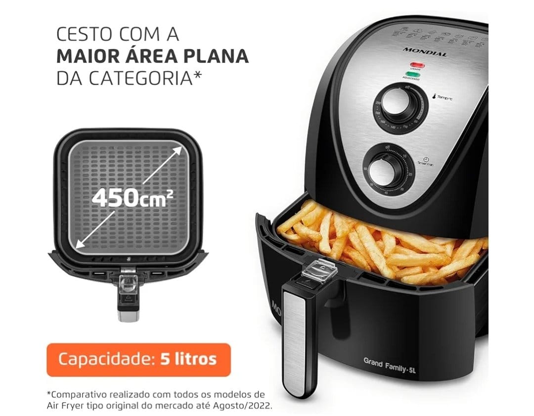 Fritadeira Sem Óleo Mondial, Grand Family Inox - 5L, 110V, Preto, 1900W - AFN-50-BI