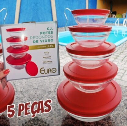 Conjunto de Potes de Vidro Redondos com Tampa Plástica 5 Peças