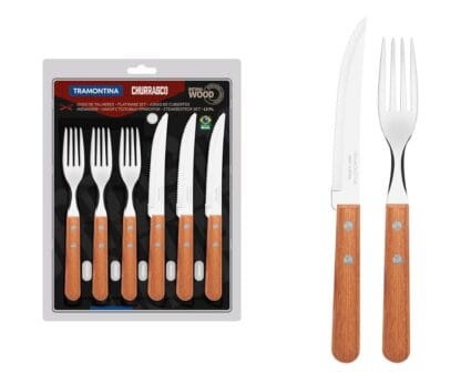 JOGO DE TALHERES PARA CHURRASCO DYNAMIC SORTIDOS COM LAMINAS DE ACO INOX E CABOS DE MADEIRA