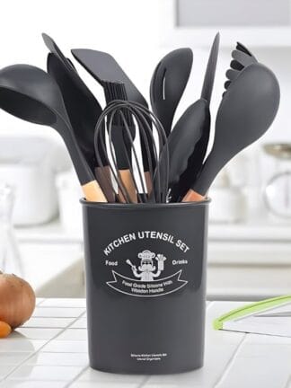Kit 12 Utensílios De Cozinha Em Silicone E Cabo De Madeira