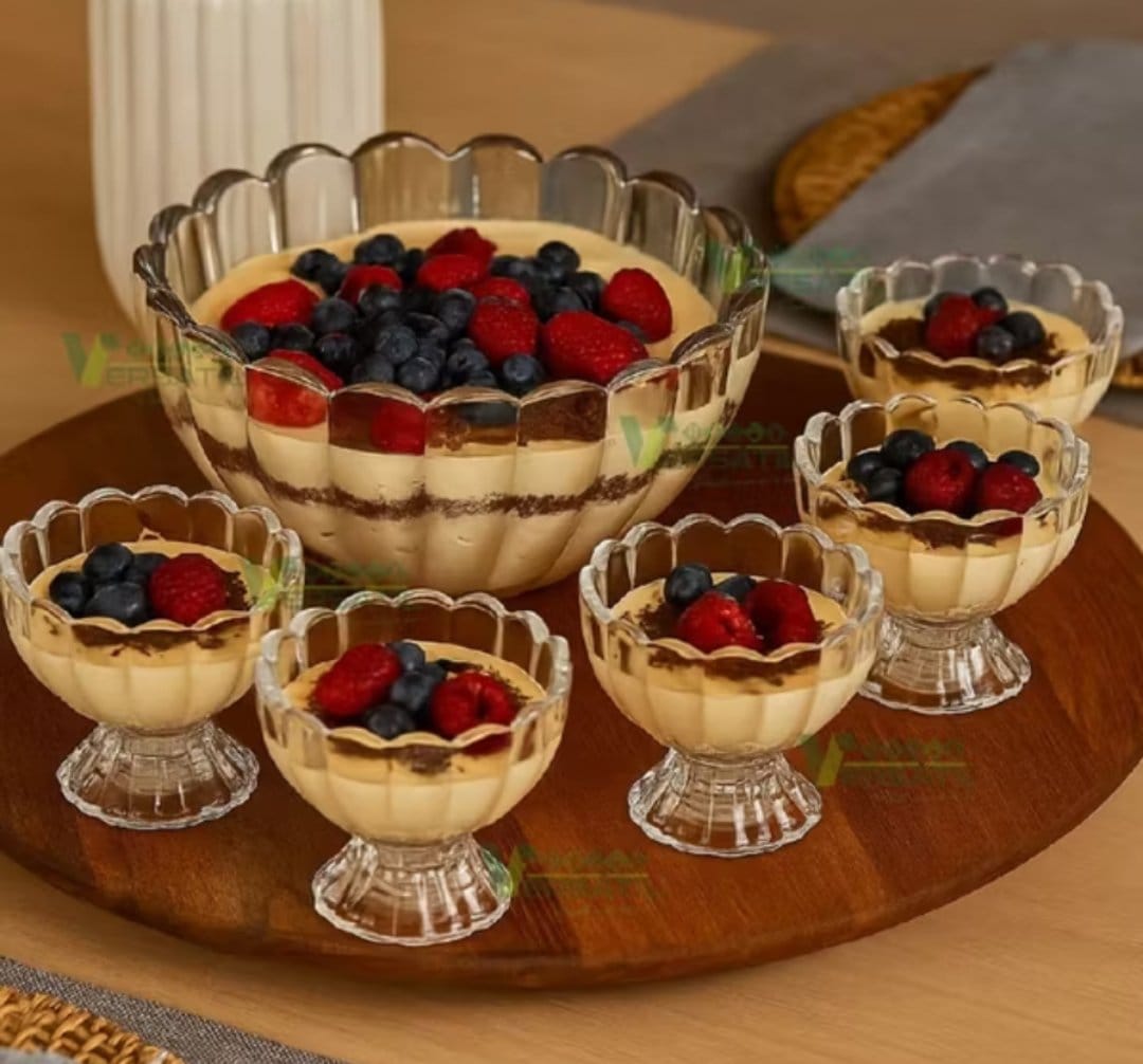 Jogo 7 Peças Sobremesa 6 Bowls 125ml e 1,1L Mesa Posta Transparente Cristal Vidro Luxo Geneva Taças