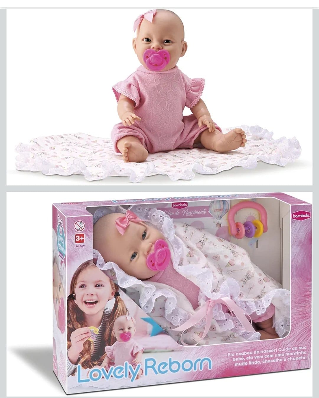 Bambola Boneca Lovely Reborn Recém Nascida 34cm Rosa