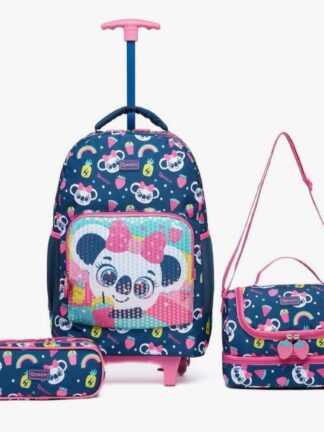 Kit Mochila De Rodinhas Estojo Lancheira Infantil Escolar (Roxo)