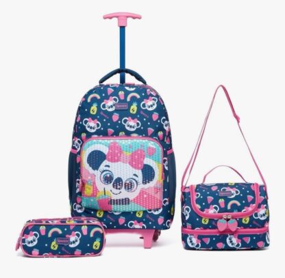 Kit Mochila De Rodinhas Estojo Lancheira Infantil Escolar (Roxo)