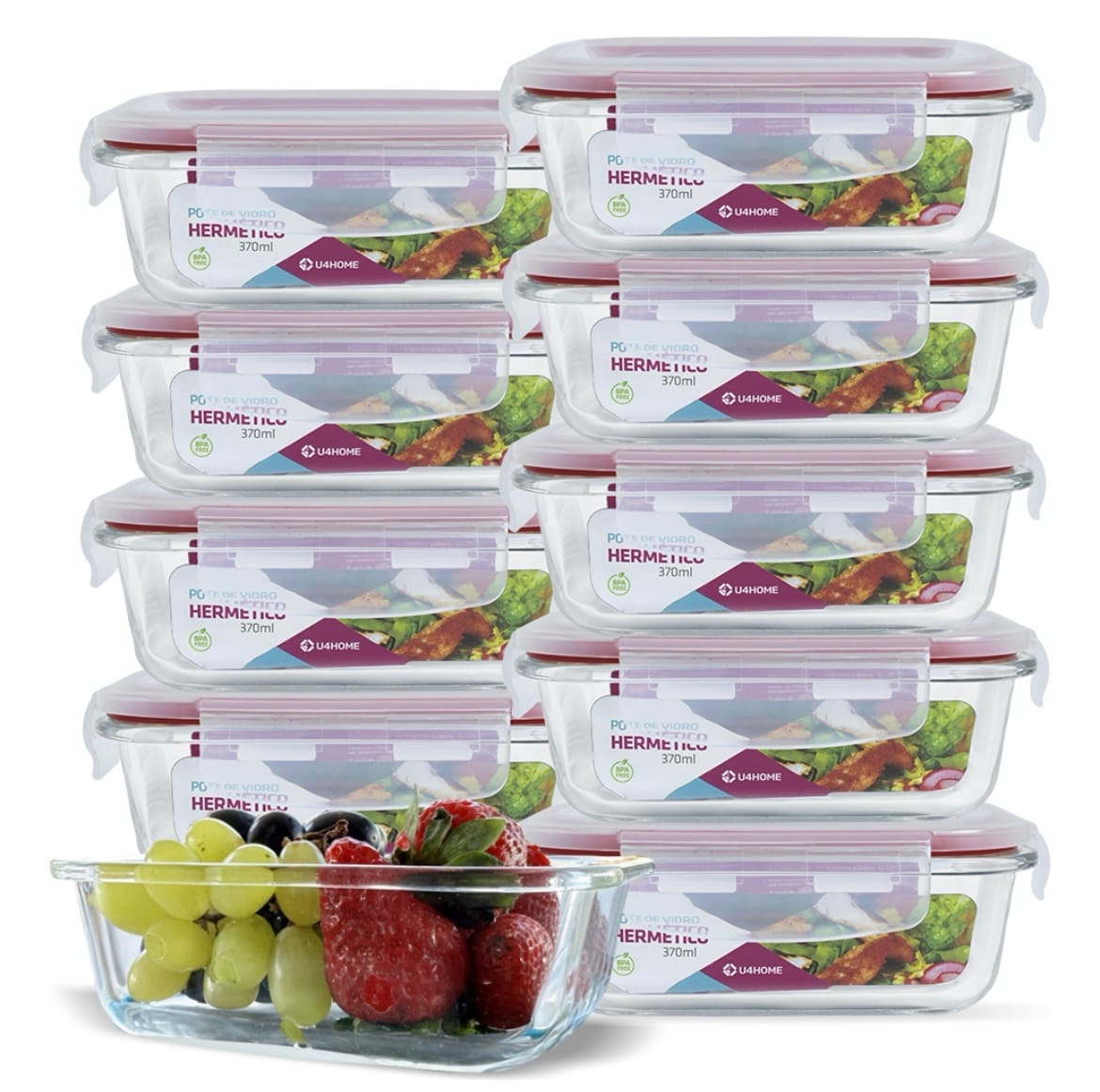 Kit 10 Potes Vidro Hermético com Tampa 370ml Cor Vermelho U4home