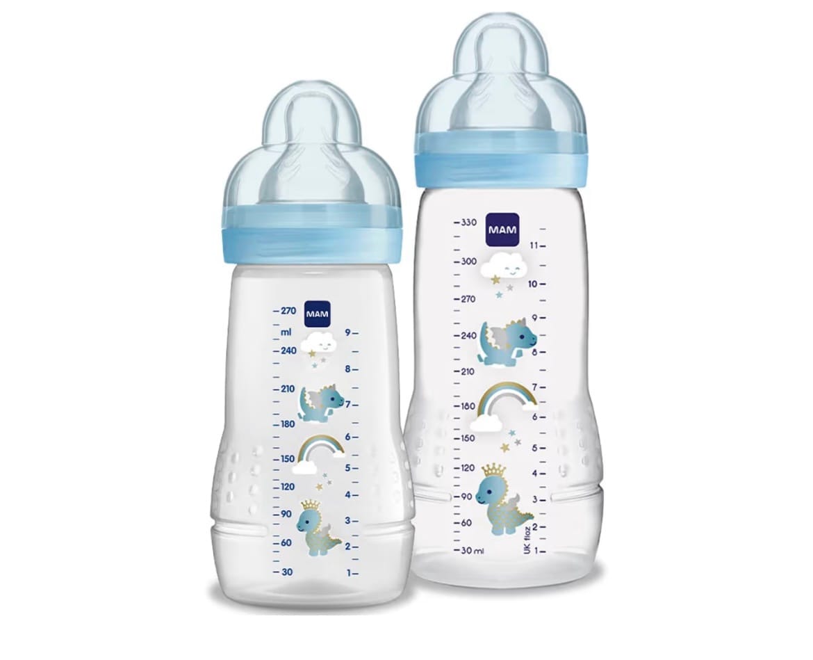 MAM Kit 2 Mamadeiras Easy Active Set, 270ml e 330ml Com Formato Ergonômico para Crianças 2+ Meses com Bico de Silicone