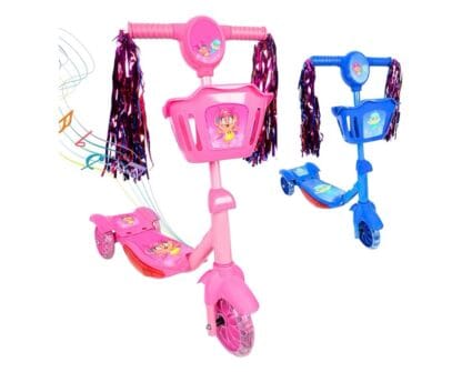 Patinete Infantil 3 Rodas com Luzes Led e Cesta Emite Som Musical Altura Regulável e Freio Traseiro (Rosa)